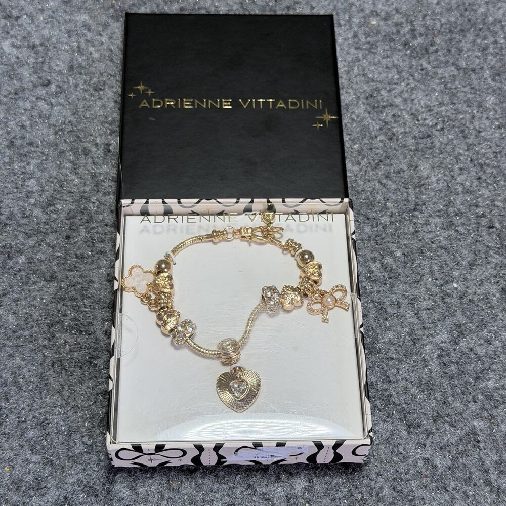 Adrienne Vittadini Gold Tone Love & Hearts Sliding Charm Bracelet Rhinestone NEW